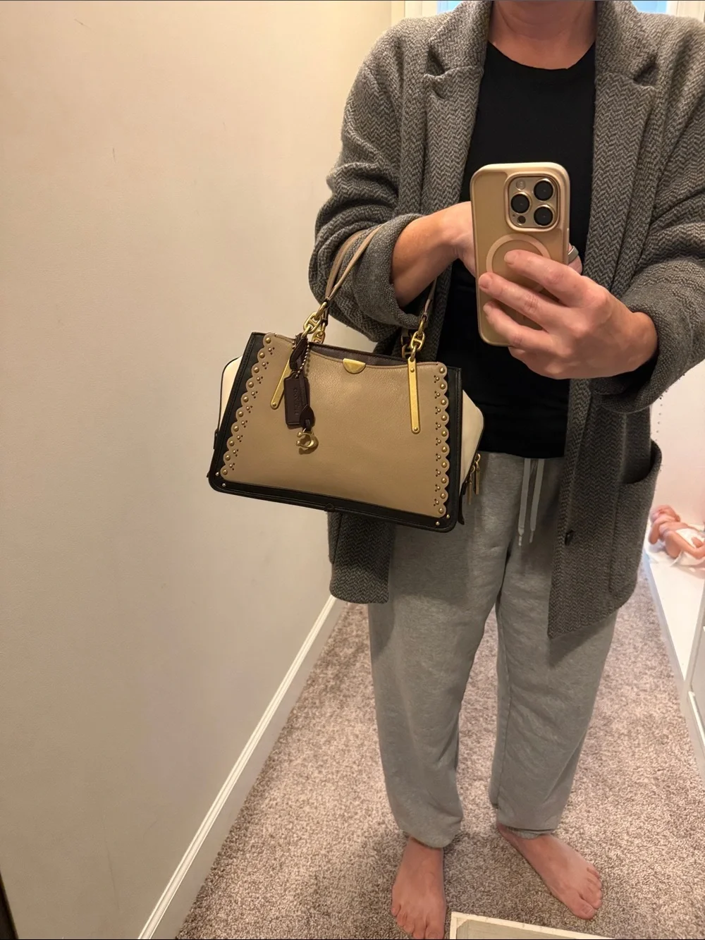 Coach Taupe and Black Leather Satchel with Gold Hardware